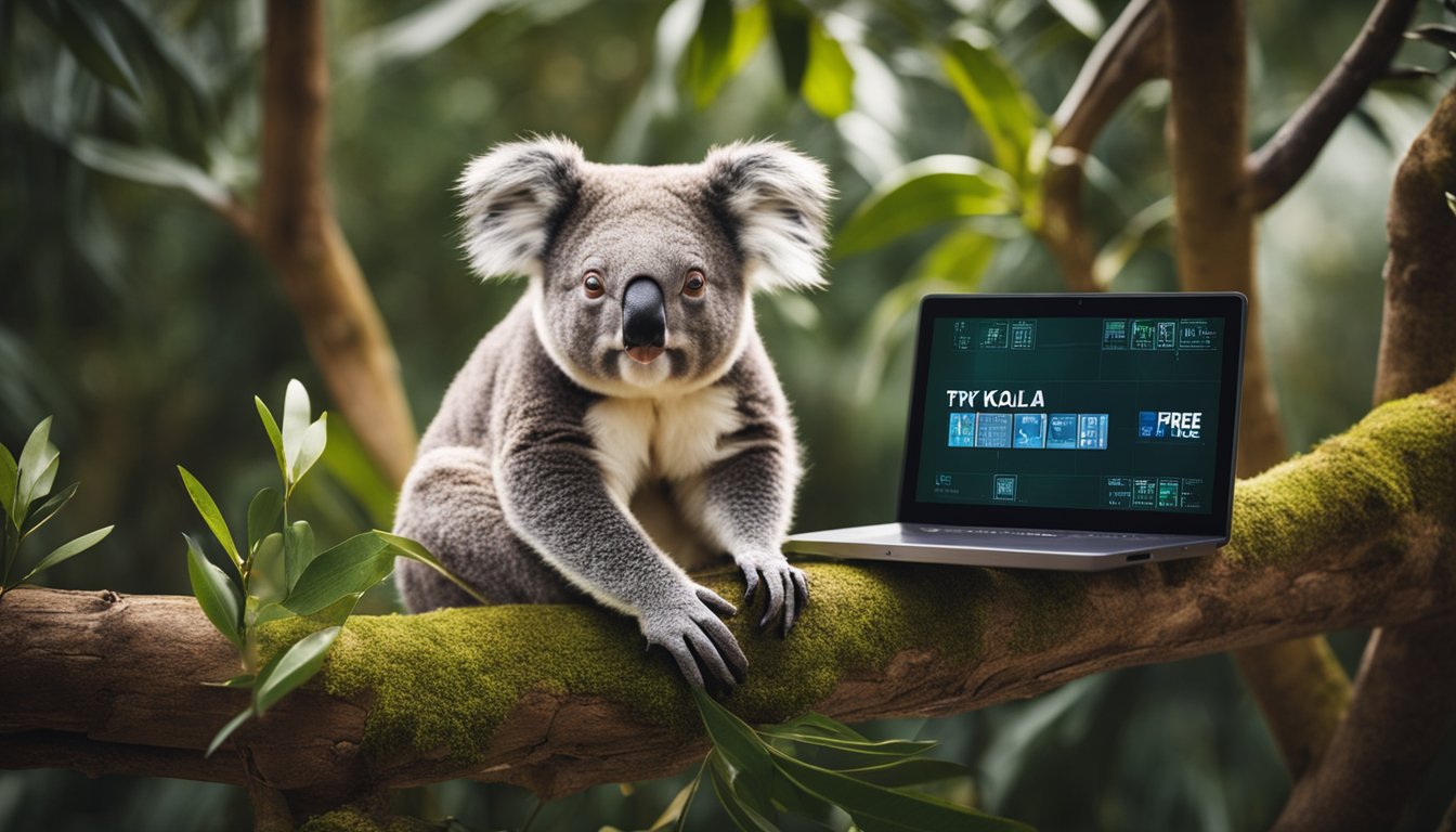 A koala sitting on a tree branch, with a computer screen displaying the words "Try Koala AI For Free" in the background