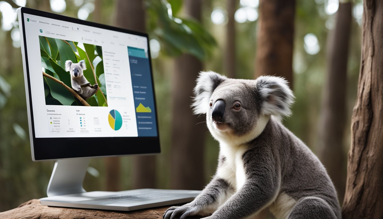 A koala AI sitting on a eucalyptus tree, analyzing data with a screen displaying graphs and charts. The AI has a curious and intelligent expression