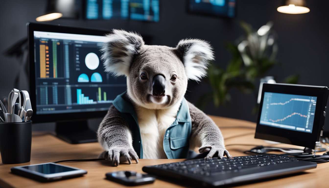 A koala AI analyzing data on a computer screen, surrounded by various technological devices and tools