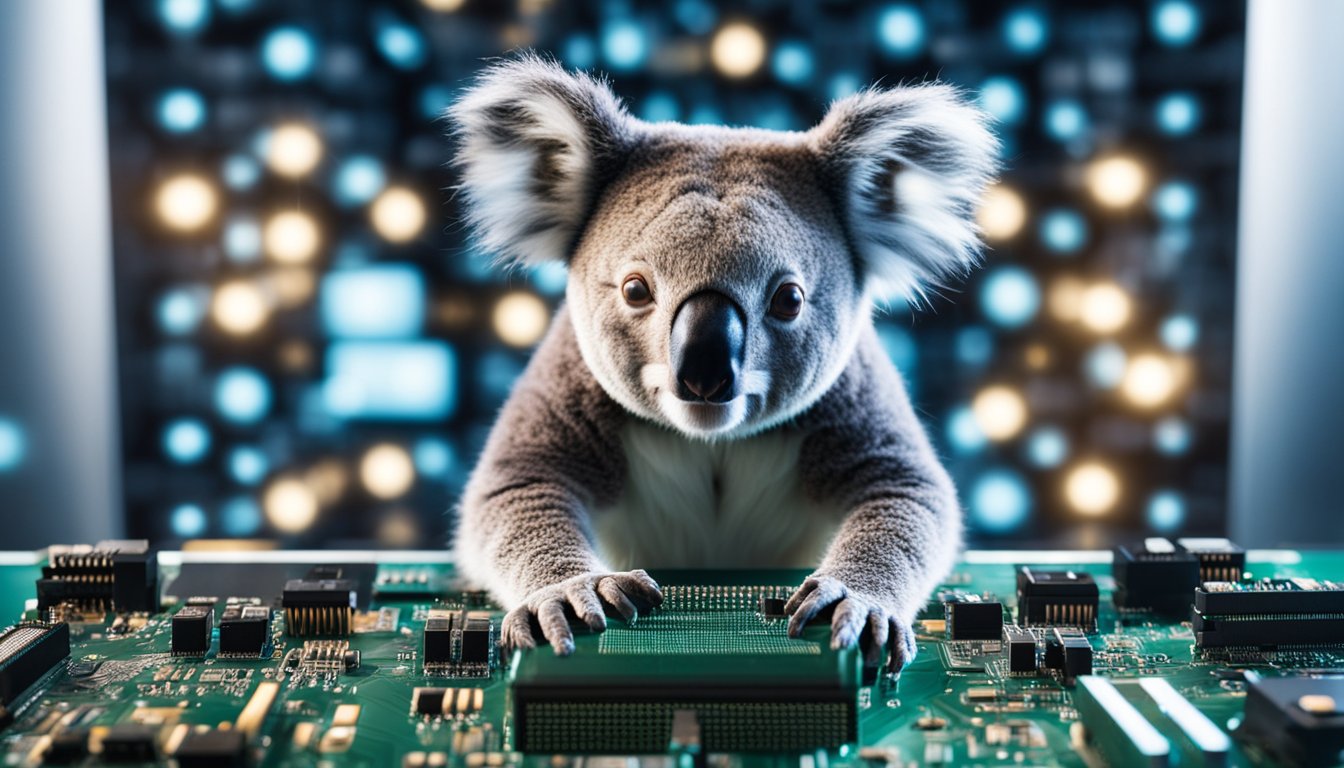 A koala AI surrounded by computer chips and wires, with a glowing screen displaying complex algorithms