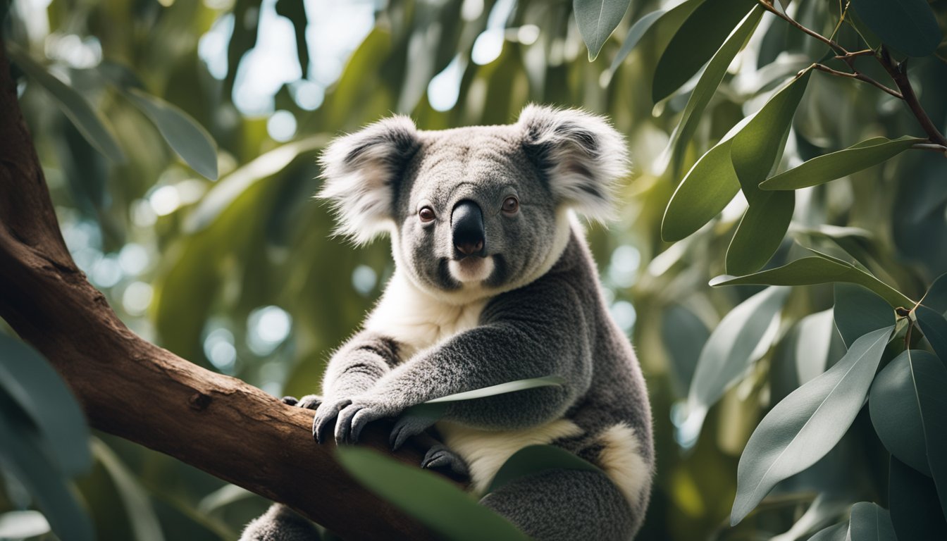 A koala sitting on a tree branch, surrounded by lush eucalyptus leaves, with a futuristic AI interface displayed nearby