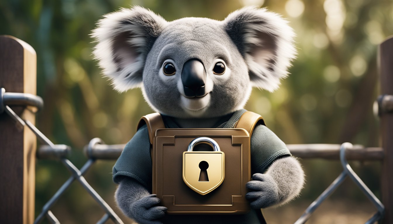 A koala mascot surrounded by a shield and lock symbol, with a privacy policy document in the background