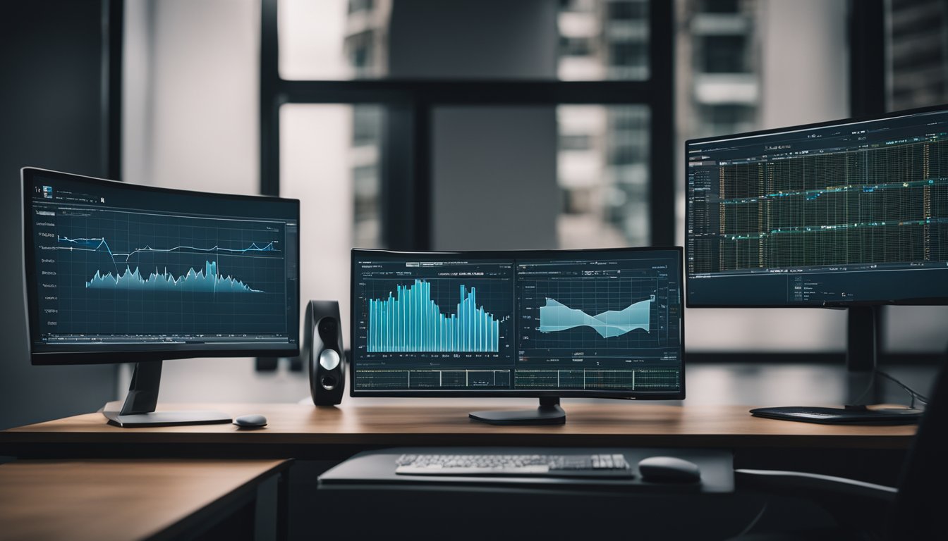 A sleek and modern computer monitor displaying various performance metrics charts and graphs for Koala AI