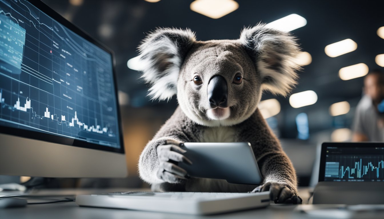 A koala using a computer to analyze data, surrounded by various technological devices and charts