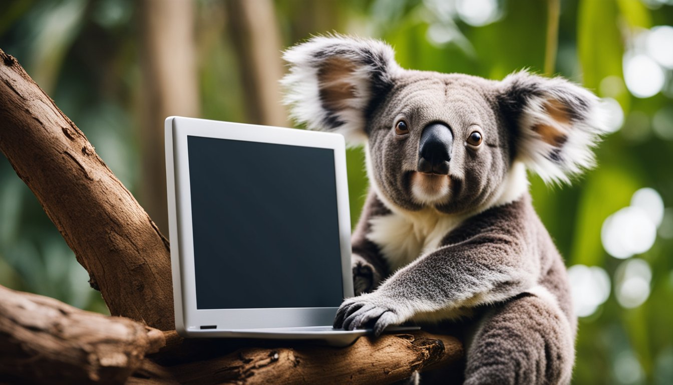 A koala sitting on a tree branch, with a computer screen displaying "Get A Free Trial Today No Credit Card Needed Koala AI" in the background