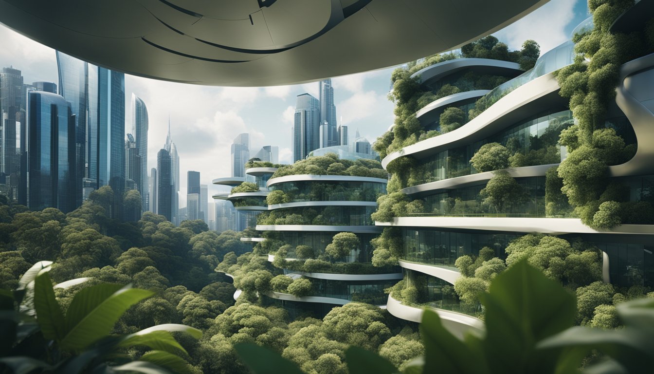 A futuristic city skyline with a sleek, high-tech AI headquarters building surrounded by lush greenery and koalas in the trees