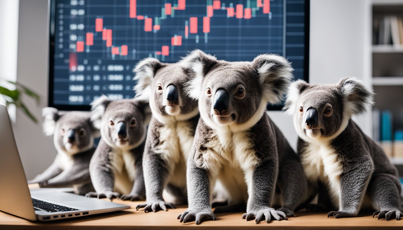 A group of koalas surrounded by various charts and graphs, with a computer screen displaying competitor analysis