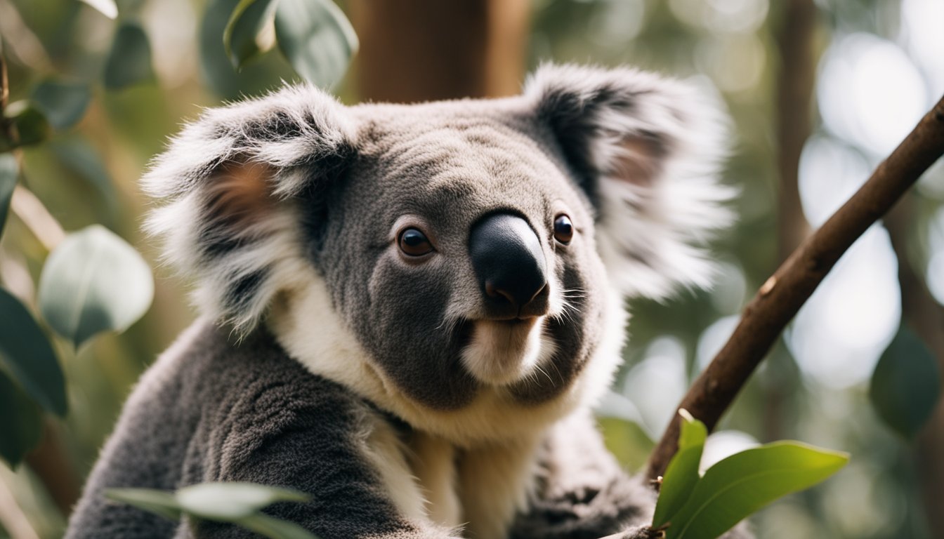 A koala AI navigating through a dense eucalyptus forest, encountering obstacles and processing data with limited computing power