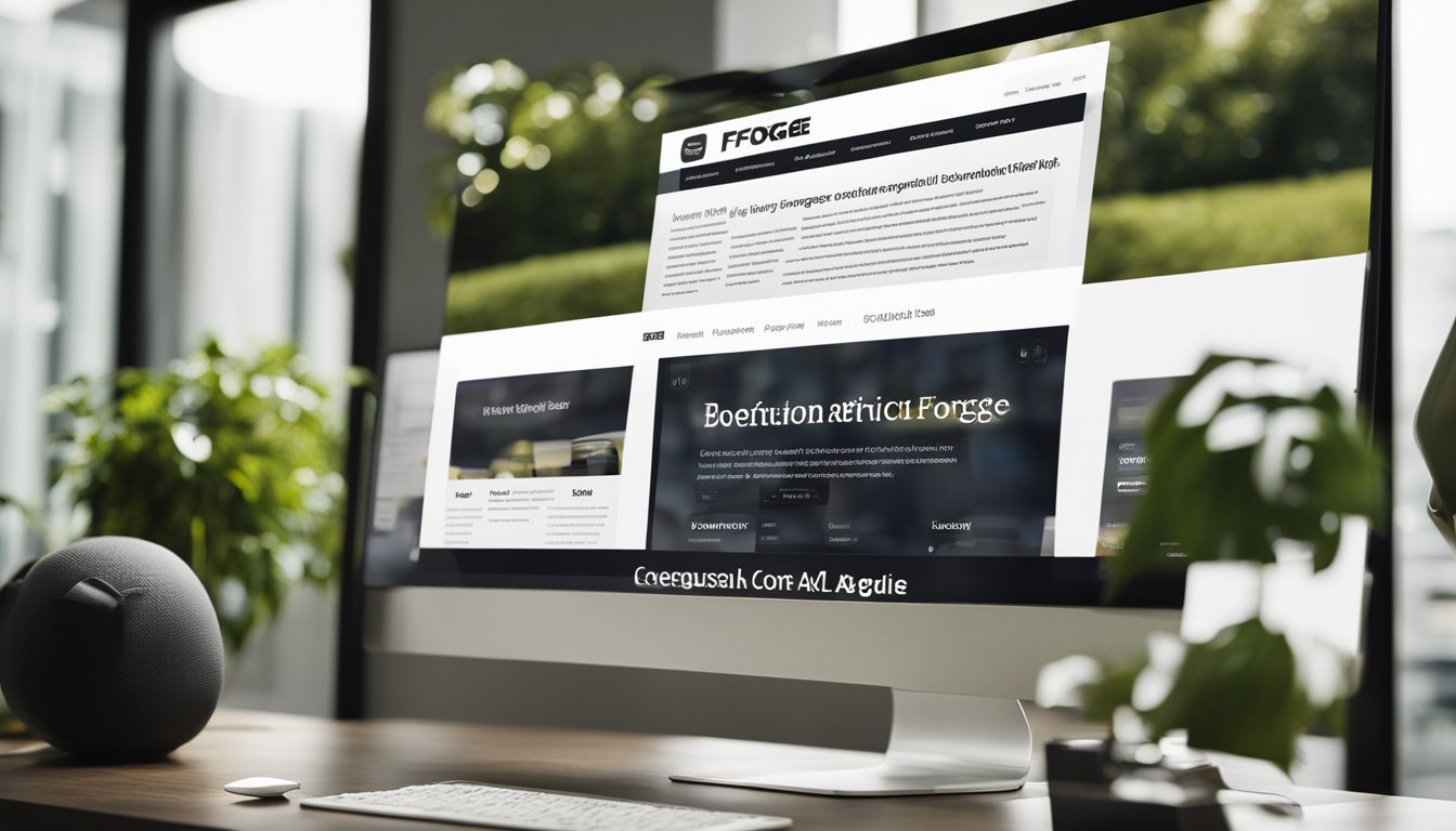 A computer screen displaying the Article Forge website with a sleek and modern design, featuring the logo and various sections for content creation