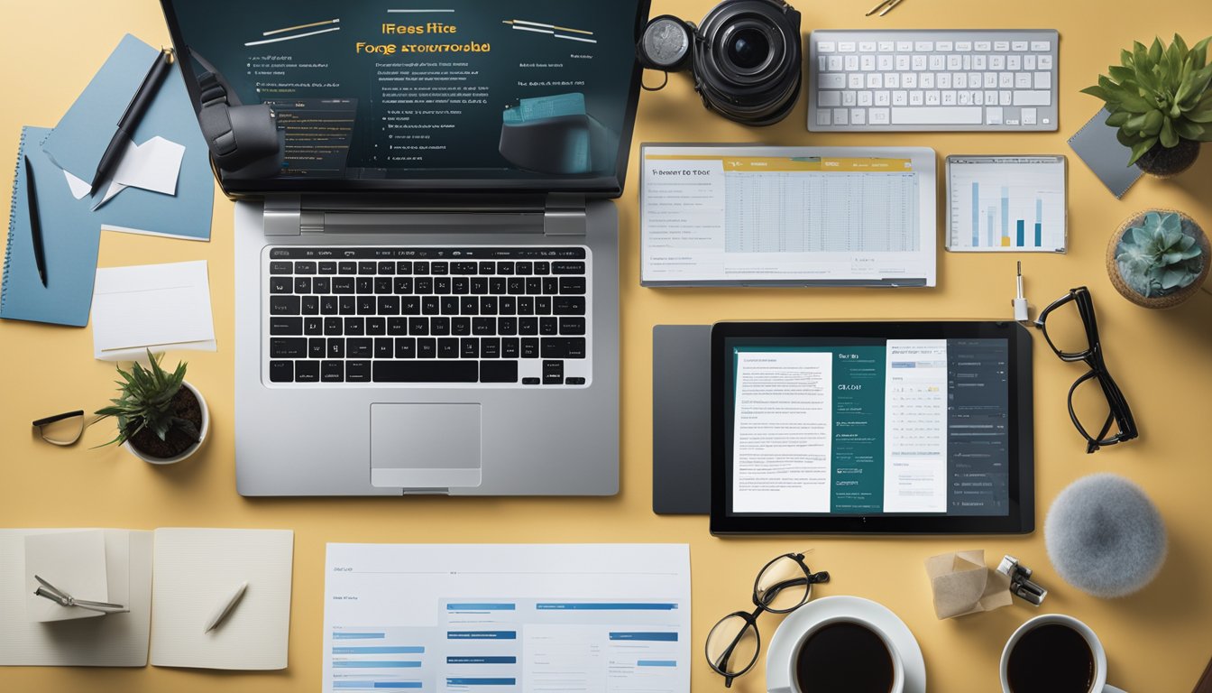 An open laptop surrounded by various research materials and writing tools, with Article Forge website displayed on the screen