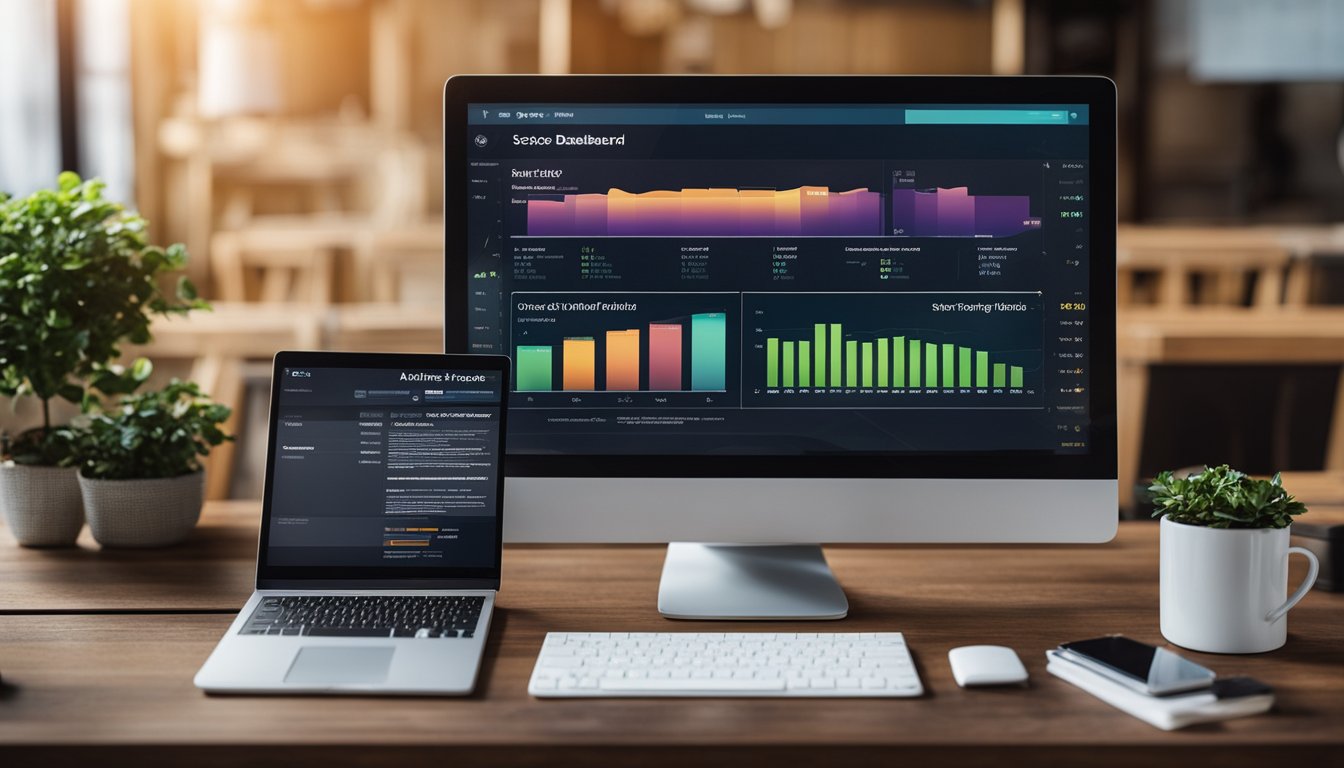 A computer screen displaying the Article Forge dashboard with various options and settings. A cup of coffee sits next to the keyboard