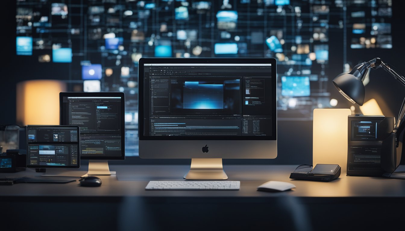 A computer screen surrounded by various content creation tools, with Article Forge at the center, emitting a glow while the other tools appear dimmed in comparison
