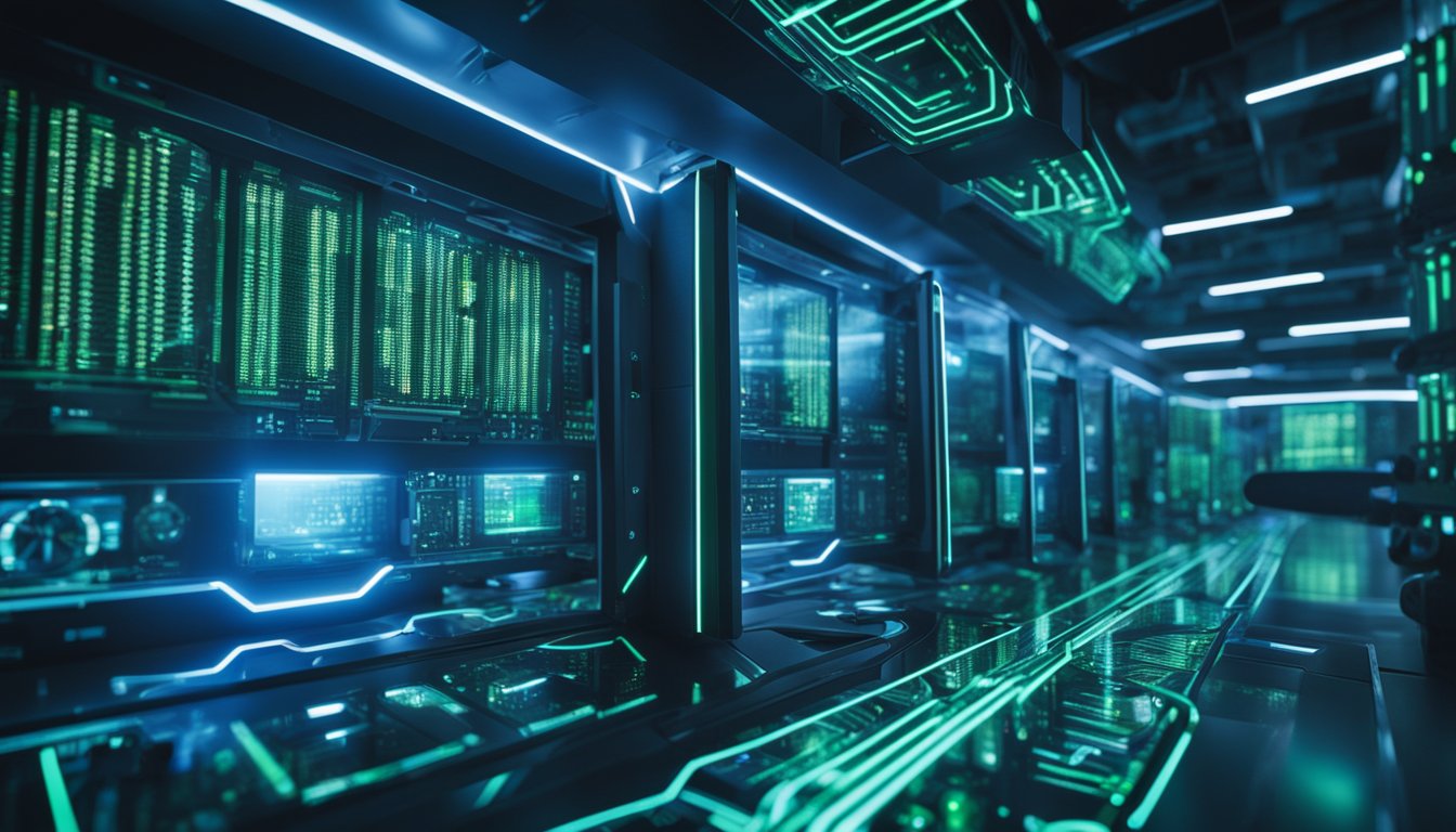 A futuristic machine with glowing panels and intricate circuitry, surrounded by humming servers and data cables. Blue and green lights flash rhythmically as it generates written content