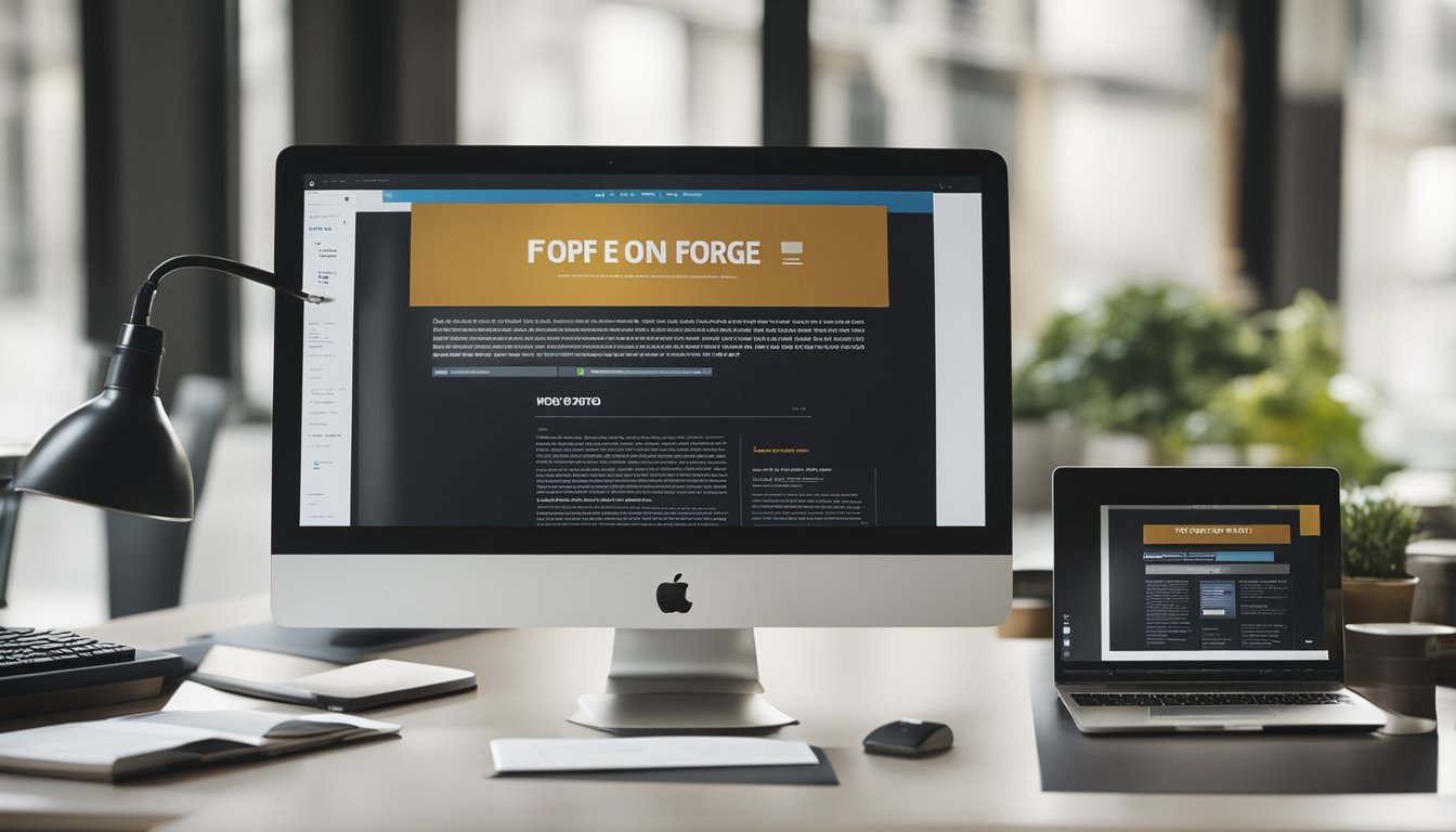 A computer screen with Article Forge website open, surrounded by notebooks, pens, and a cup of coffee