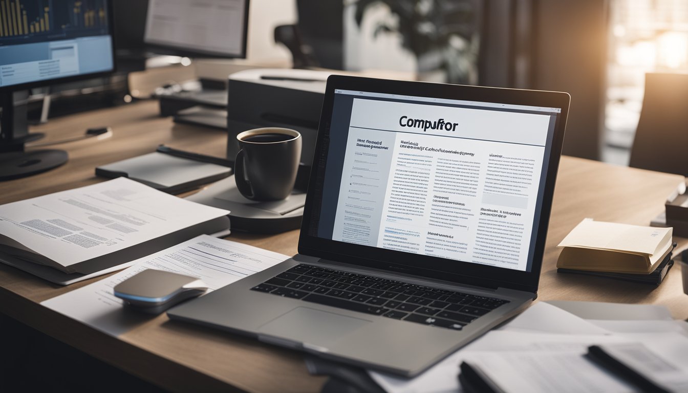 An office desk with a computer screen displaying the Article Forge platform, surrounded by stacks of papers and a coffee mug