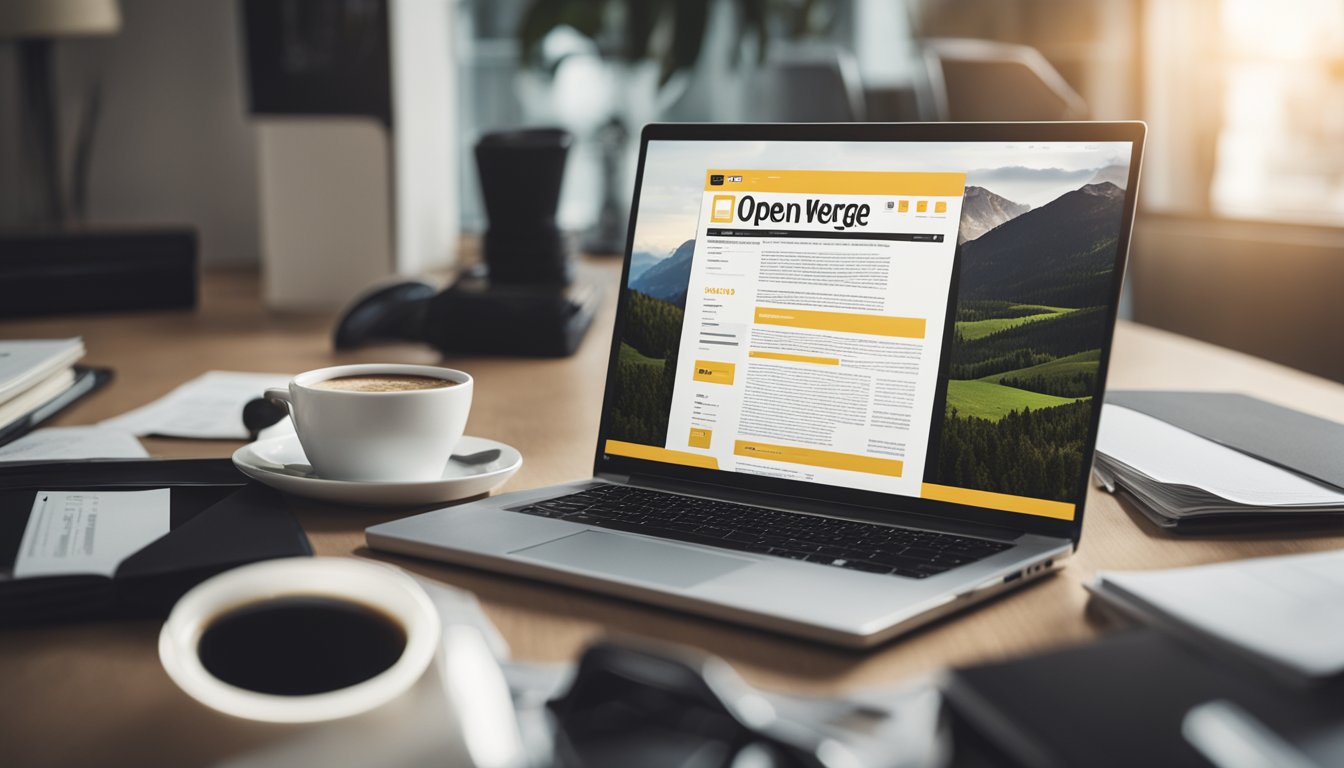 An open laptop with Article Forge website on the screen, surrounded by scattered papers and a coffee cup