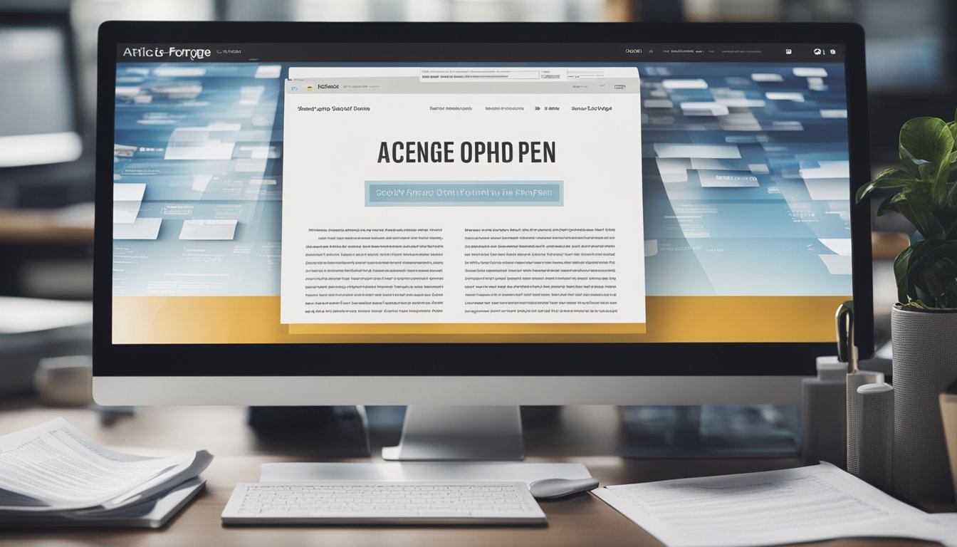 A computer screen with the Article Forge website open, surrounded by a stack of papers and a pen